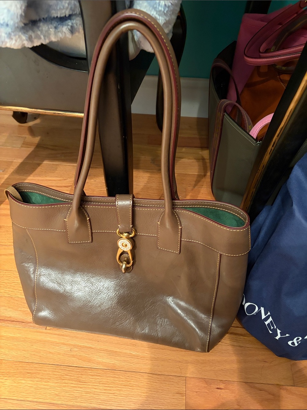 Dooney & Bourke Brown Leather Tote with Green Interior and Gold Hardware